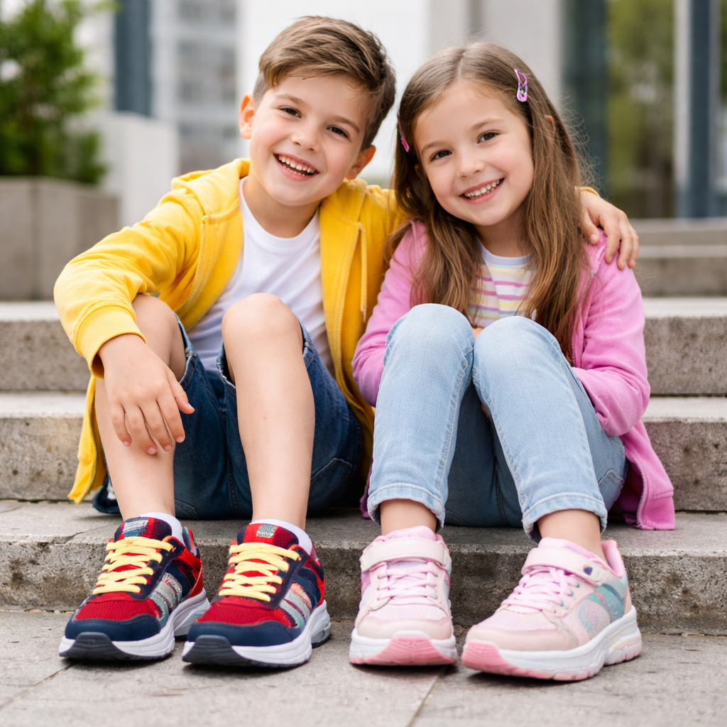 hermanos felices con zapatillas coloridas